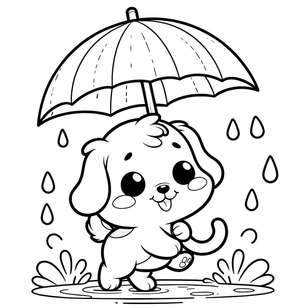 Coloring page of a cute dog with an umbrella in the rain