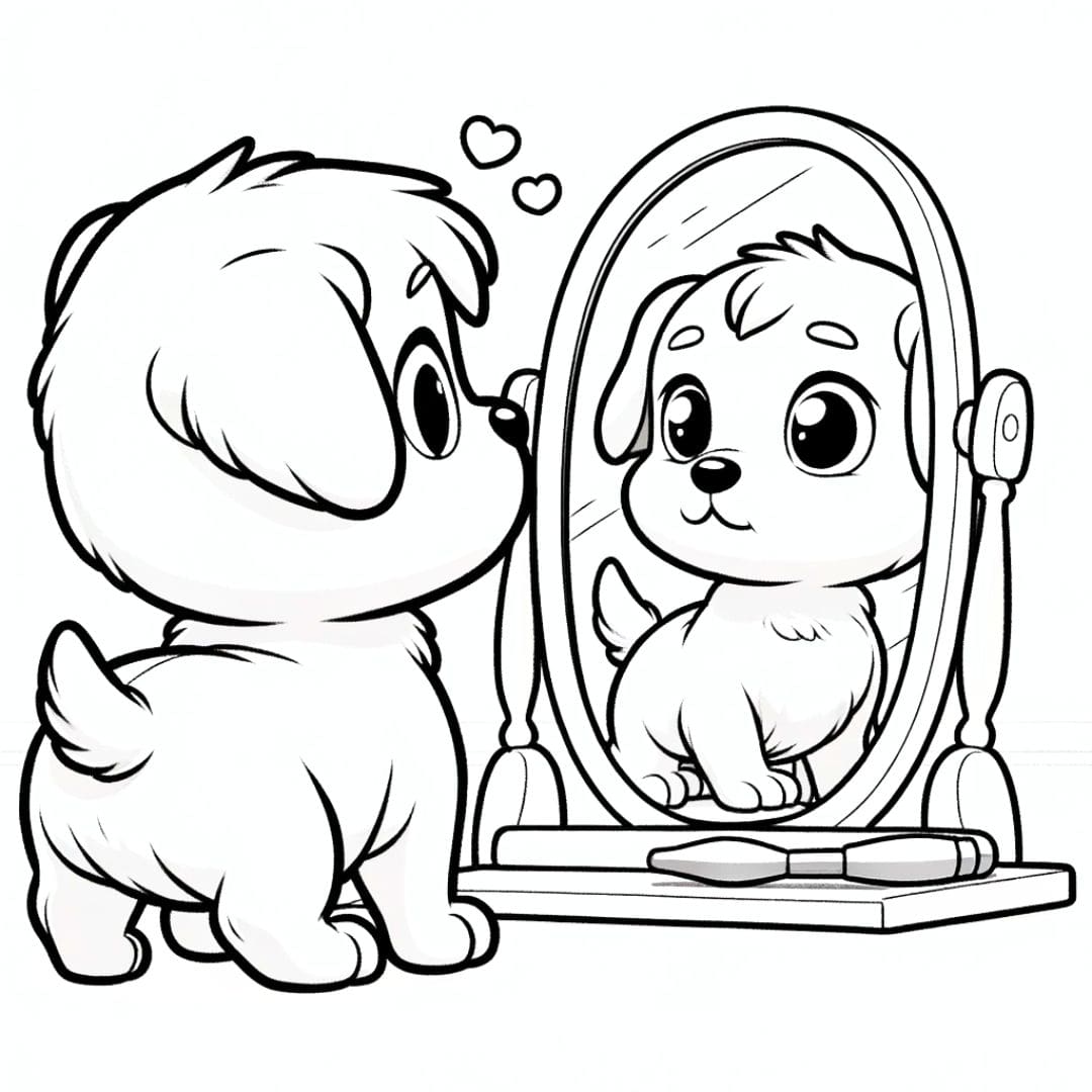 Coloriage d'un Chiot mignon regardant dans un miroir