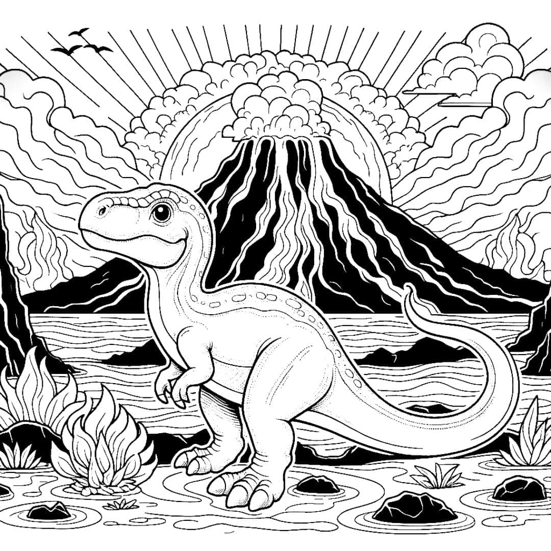 Dinosaure au coucher de soleil volcanique