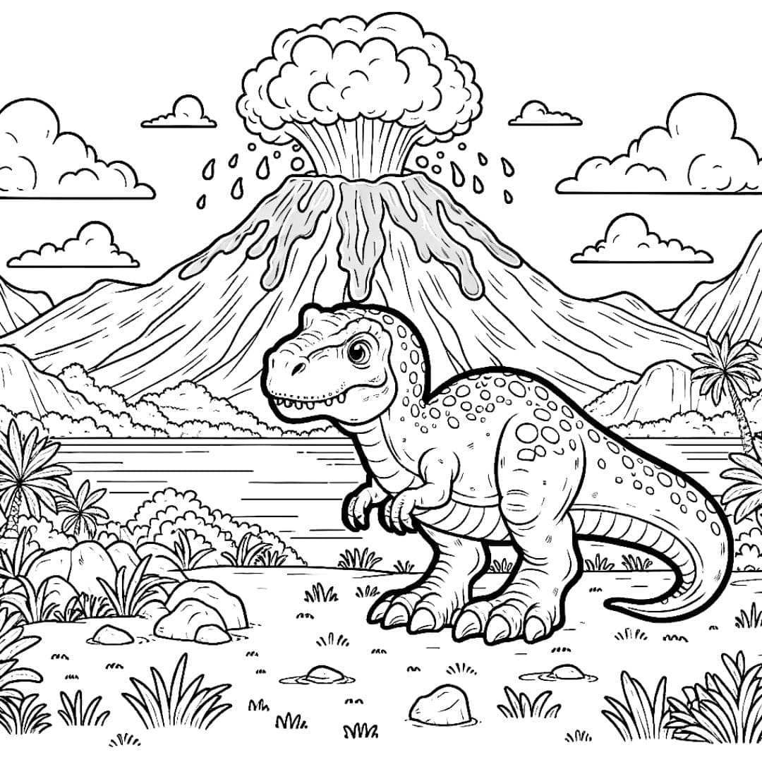 Dinosaure devant un volcan pour coloriage