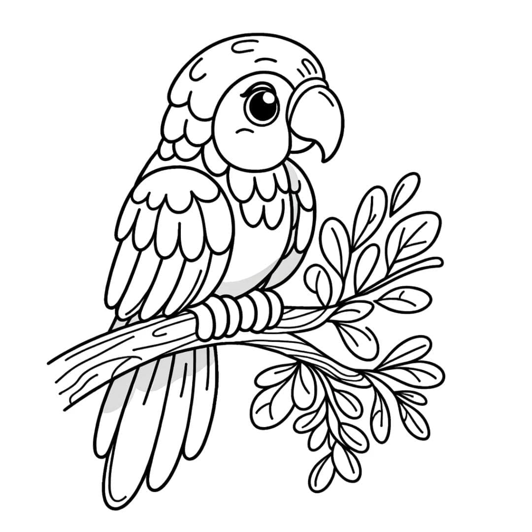 Dessin à colorier représentant un perroquet mignon et amical perché sur une branche, parfait pour les enfants.