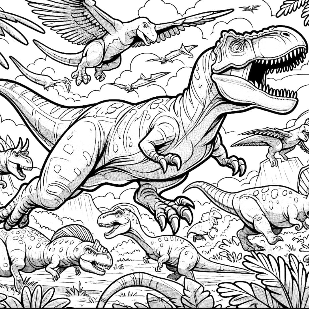 Dinosaure en chasse à colorier