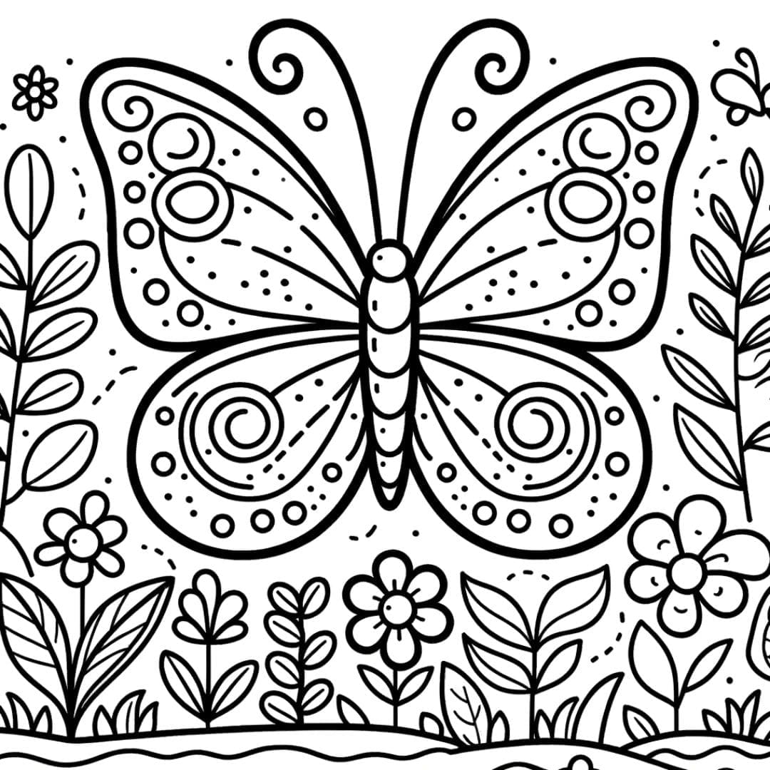 Dessin à colorier de papillon dans un jardin luxuriant