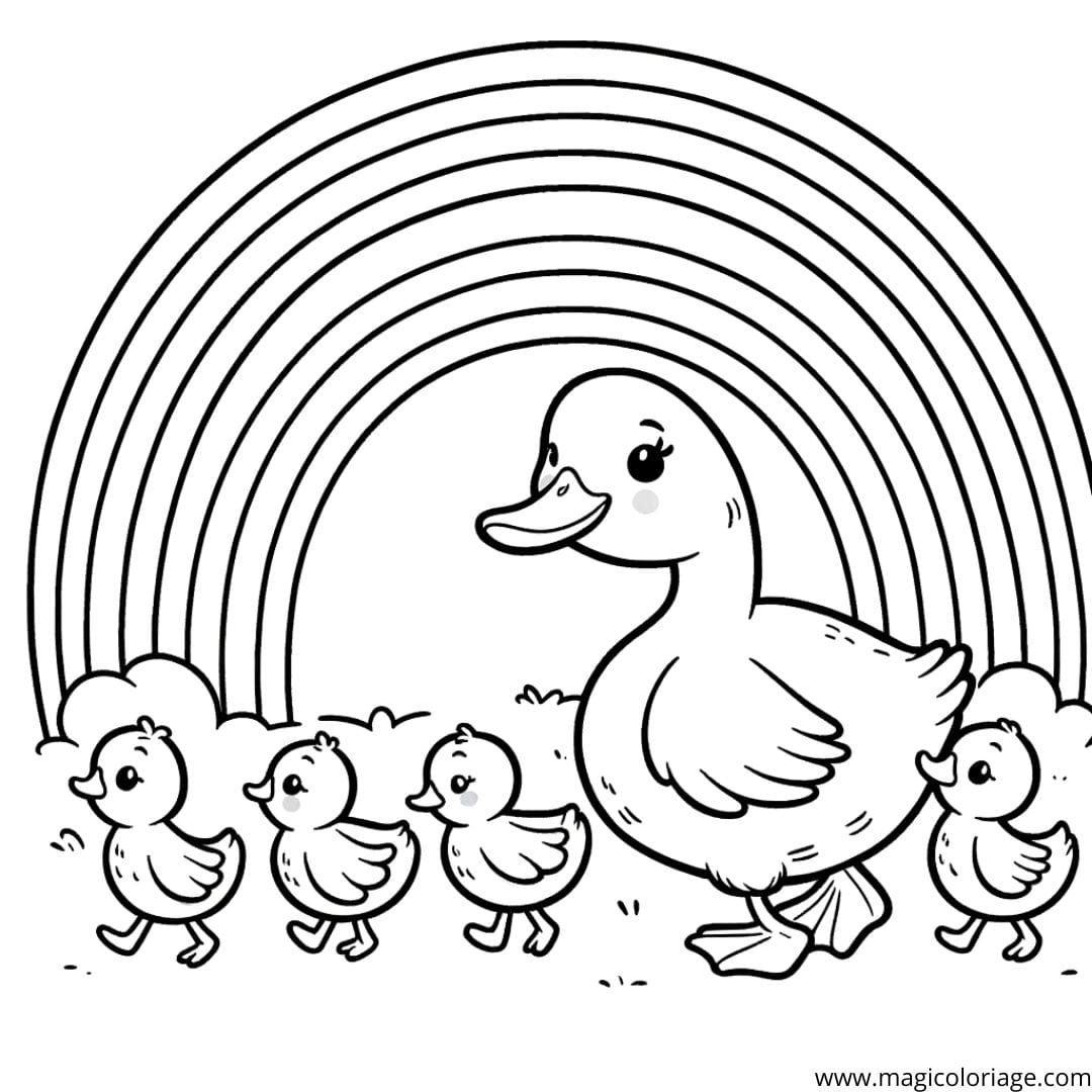 Image à colorier d'une famille de canards marchant sous un arc-en-ciel, idéale pour les jeunes esprits.