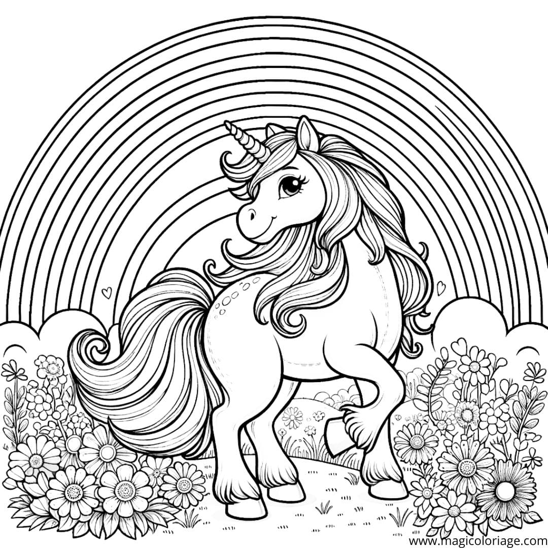 Image à colorier d'une licorne majestueuse sous un arc-en-ciel dans un champ de fleurs, parfaite pour les rêveurs.