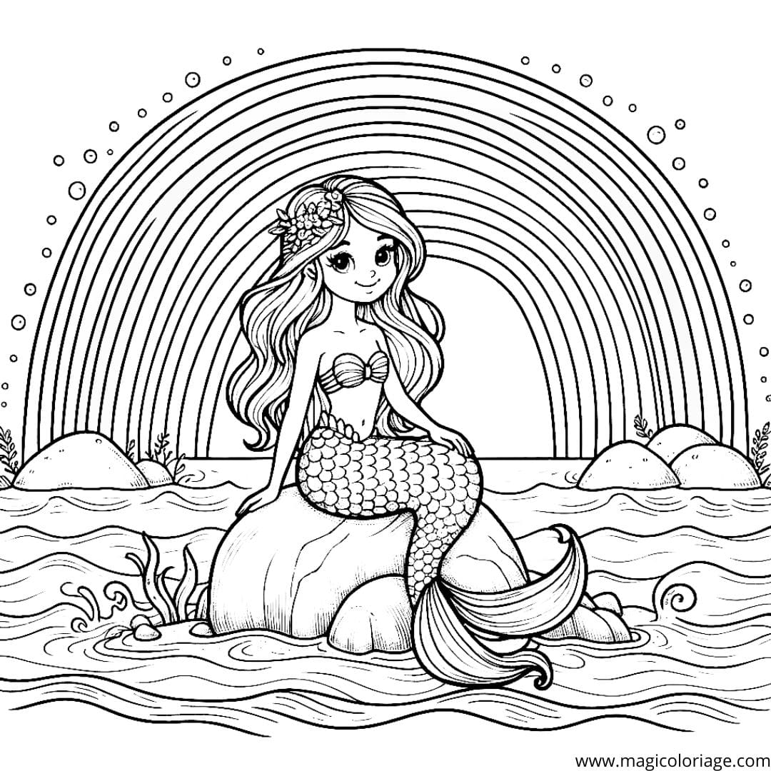 Image à colorier d'une sirène sur un rocher avec un arc-en-ciel en arrière-plan, parfaite pour les amoureux de la mer.