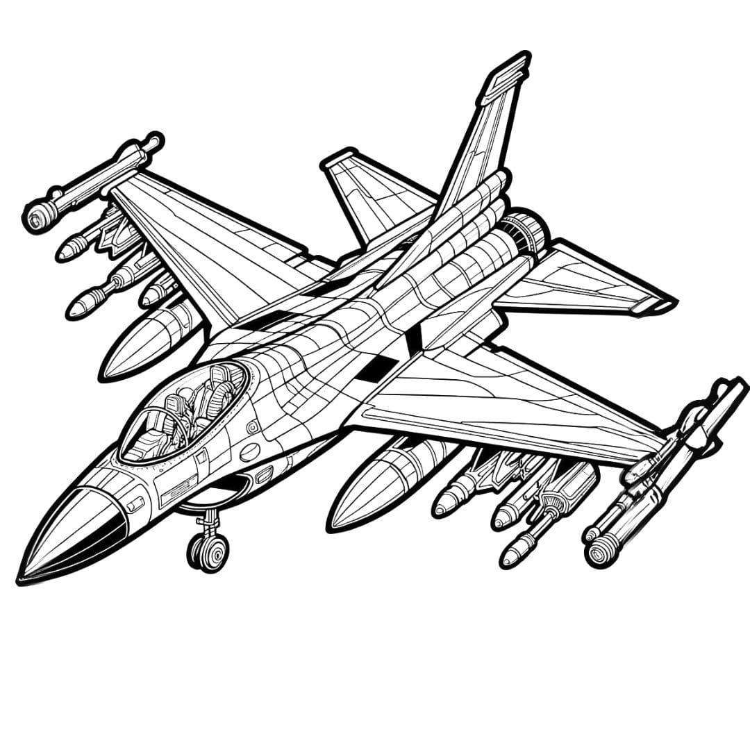 Coloriage d'un avion de chasse à réaction, dessin technologique pour enfants.