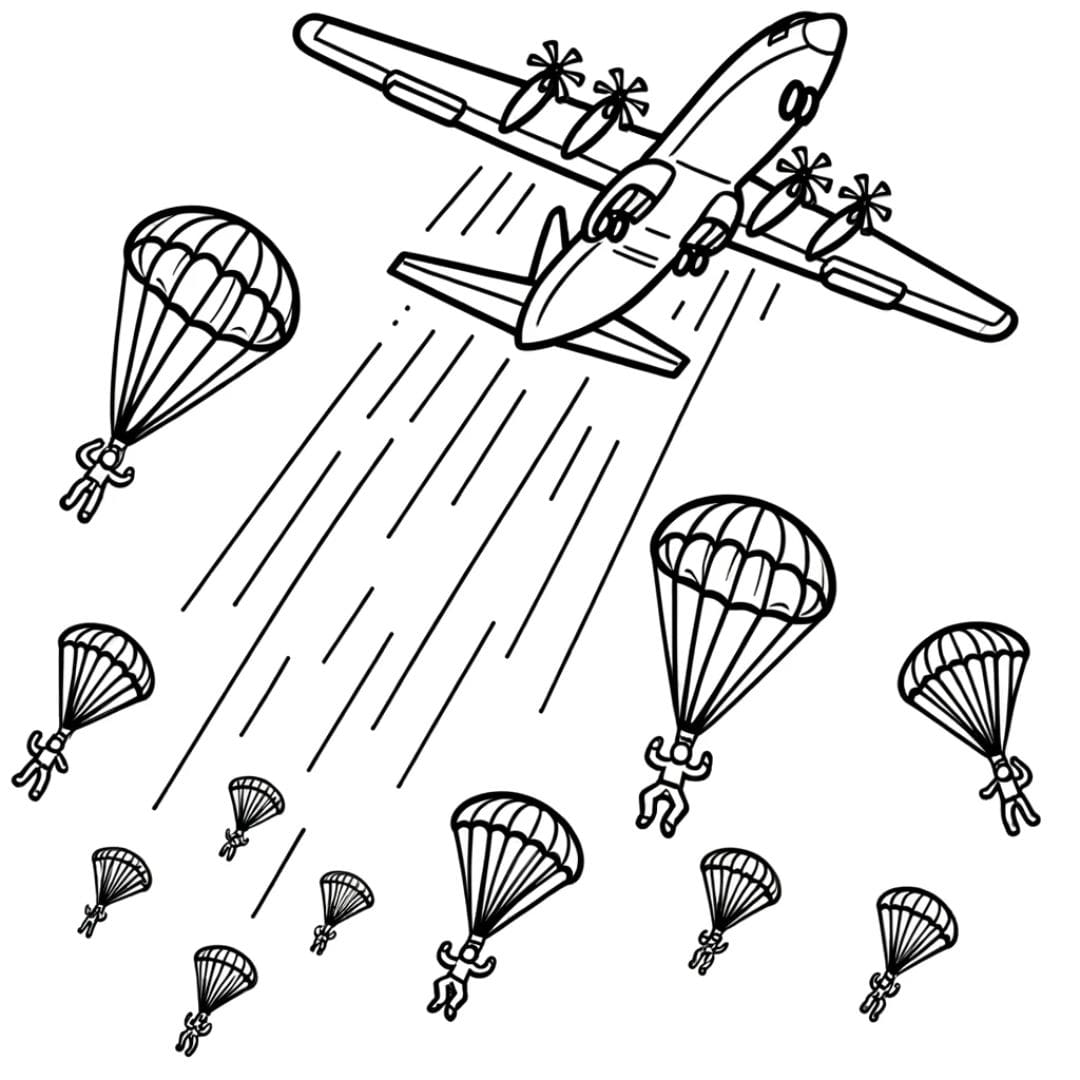 Coloring page of a plane in action, dropping parachutists into the sky, for children.