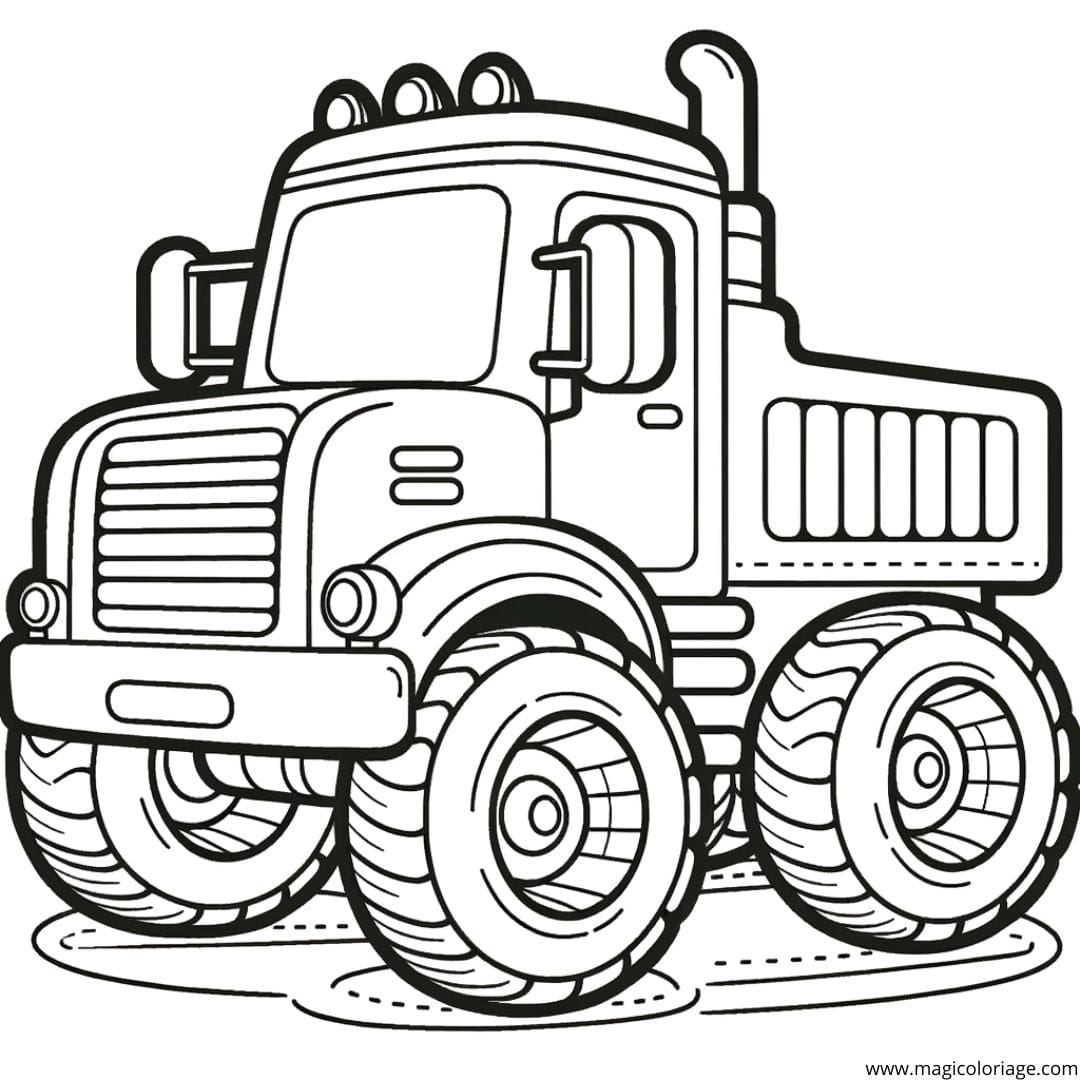 Coloriage d'un camion avec de gros pneus, dessin amusant pour les tout-petits.