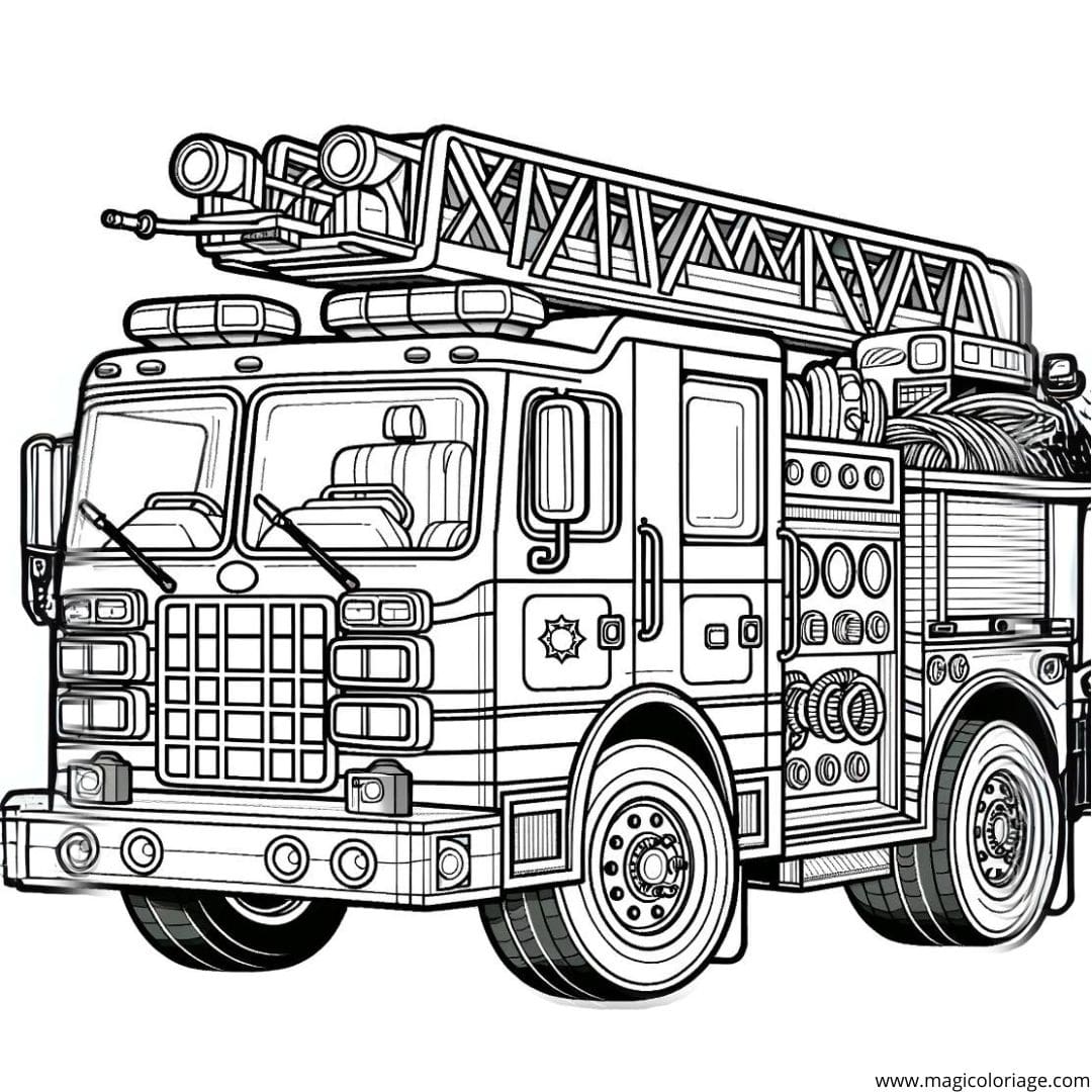 Coloriage d'un camion de pompier, dessin héroïque pour enfants.