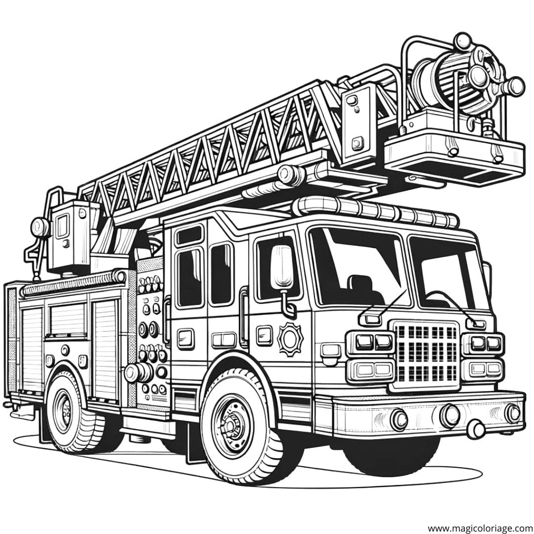 Coloriage d'un camion de pompiers avec échelle, dessin héroïque pour enfants.