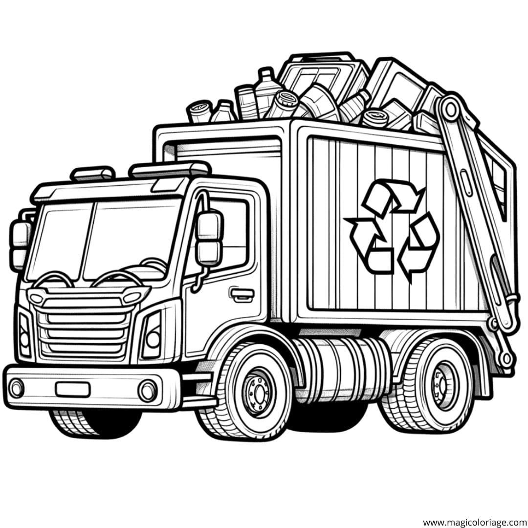 Coloriage d'un camion poubelle de recyclage, dessin instructif pour enfants.