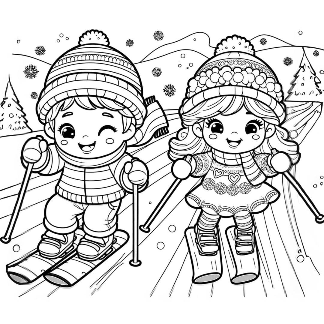 Dessin à colorier représentant une course de ski amicale entre enfants