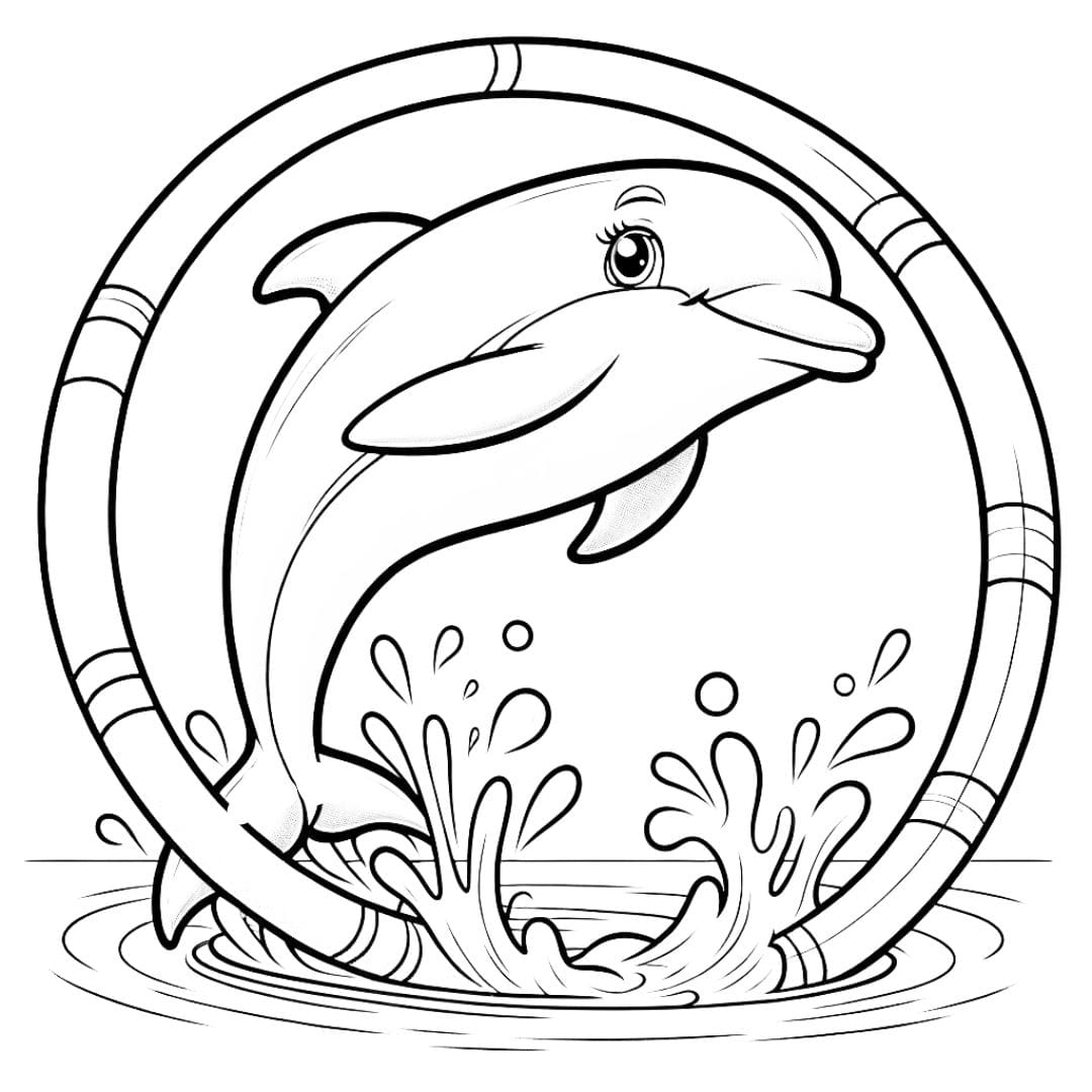 Coloriage d'un dauphin habile nageant à travers un cerceau pour les enfants