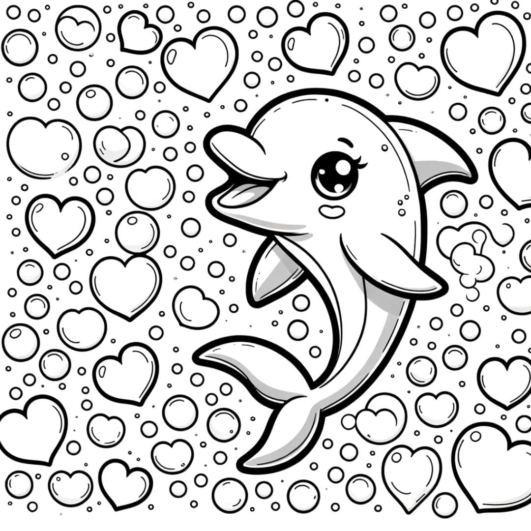 Coloriage d'un dauphin entouré de bulles en forme de cœur