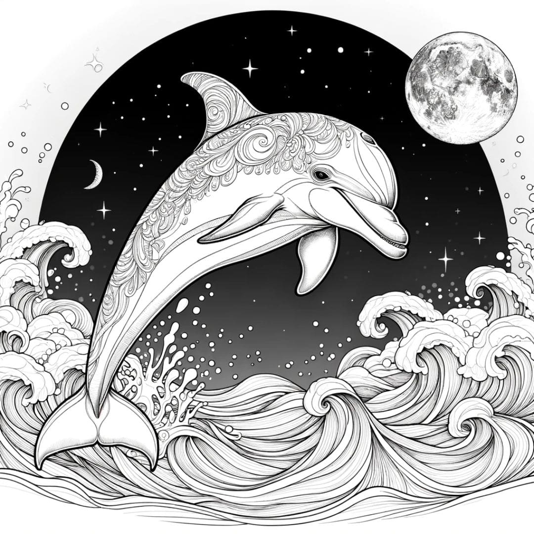 Dessin à colorier d'un dauphin et la lune