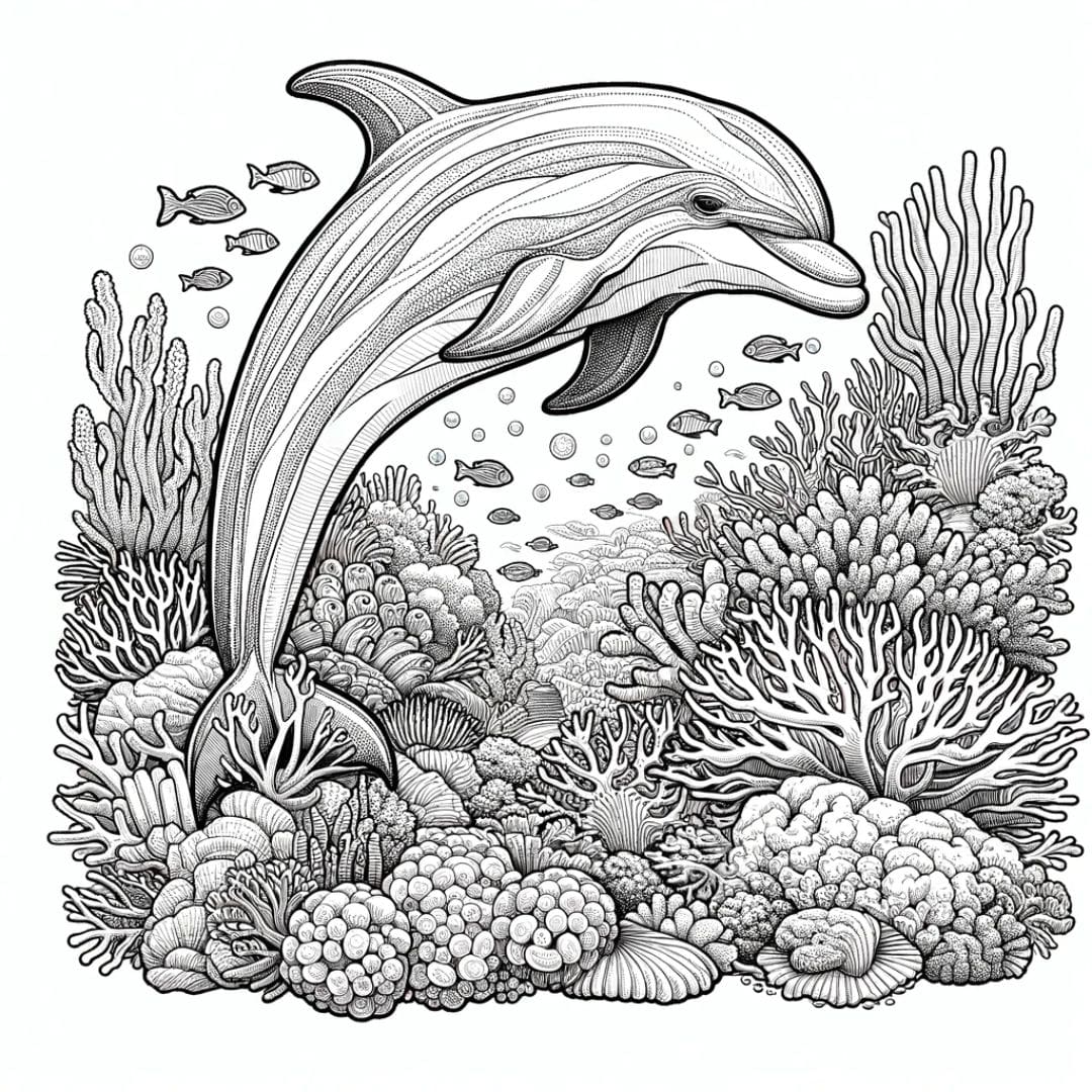 Dessin à colorier d'un dauphin avec un récif corallien