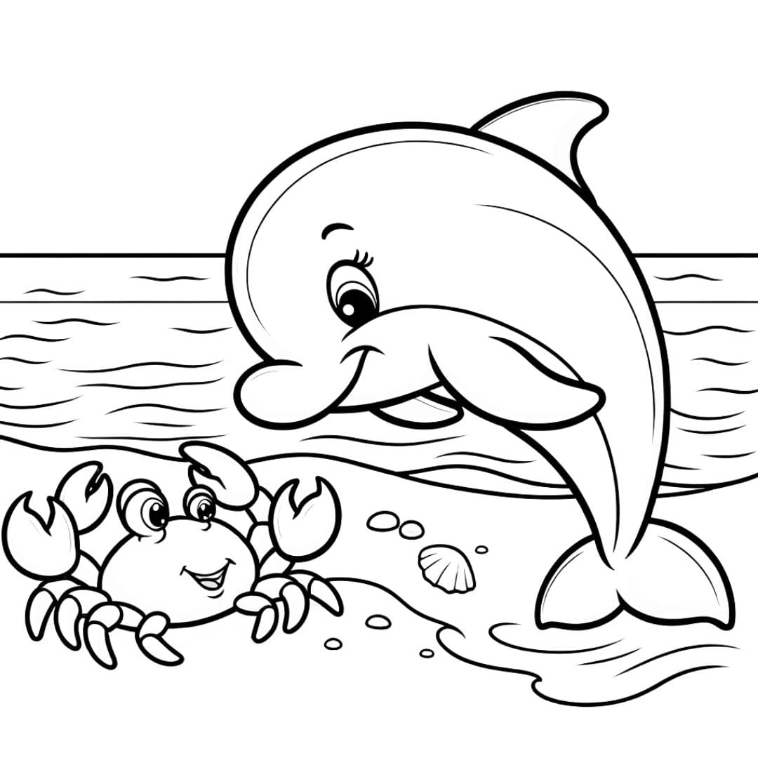 Coloriage d'un dauphin et d'un crabe sur la plage