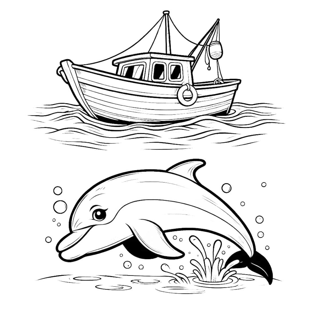 Coloriage d'un dauphin et d'un petit bateau de pêche