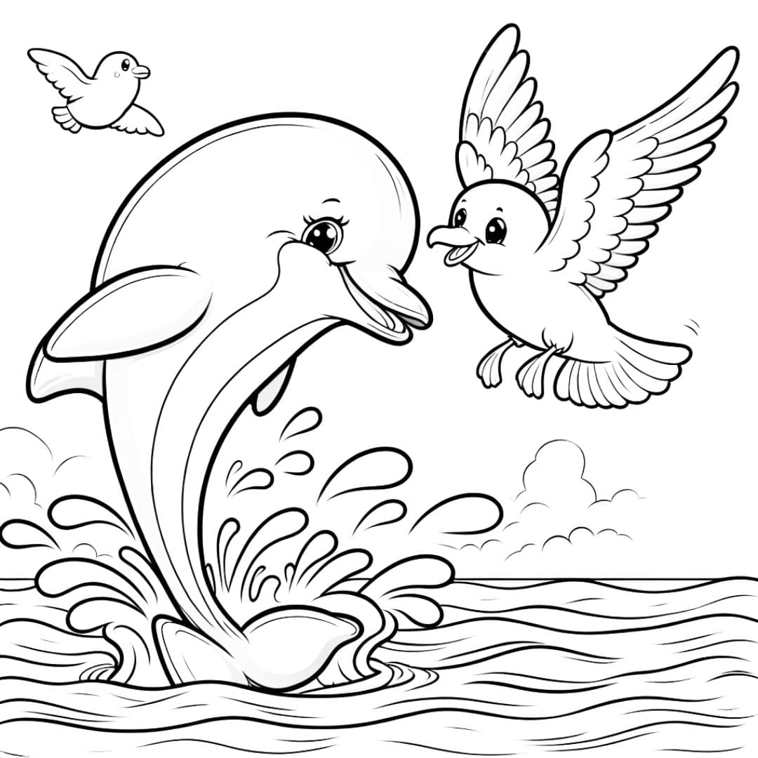 Coloriage d'un dauphin jouant avec une mouette