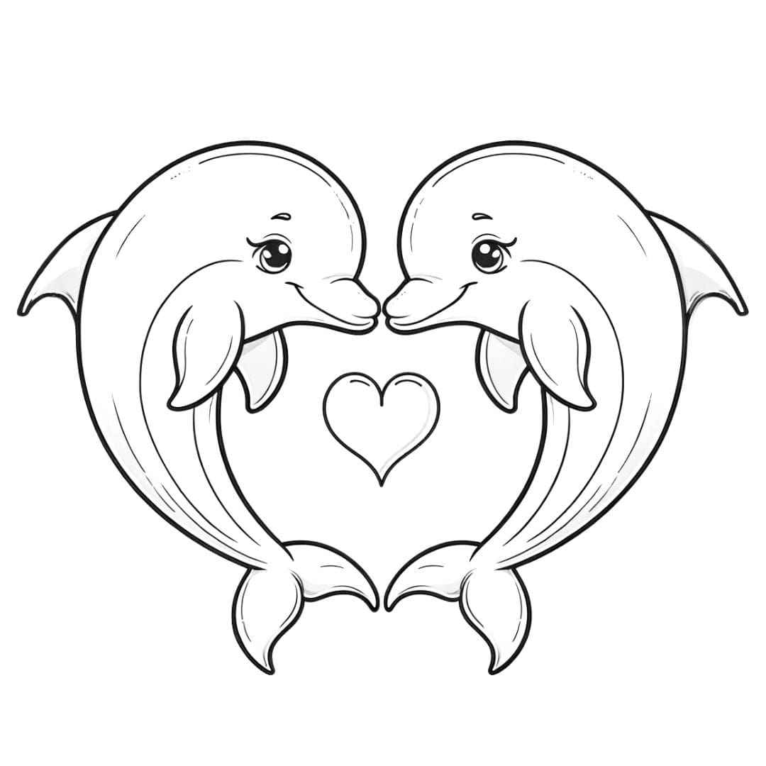 Coloriage de deux dauphins formant un cœur avec leurs nez