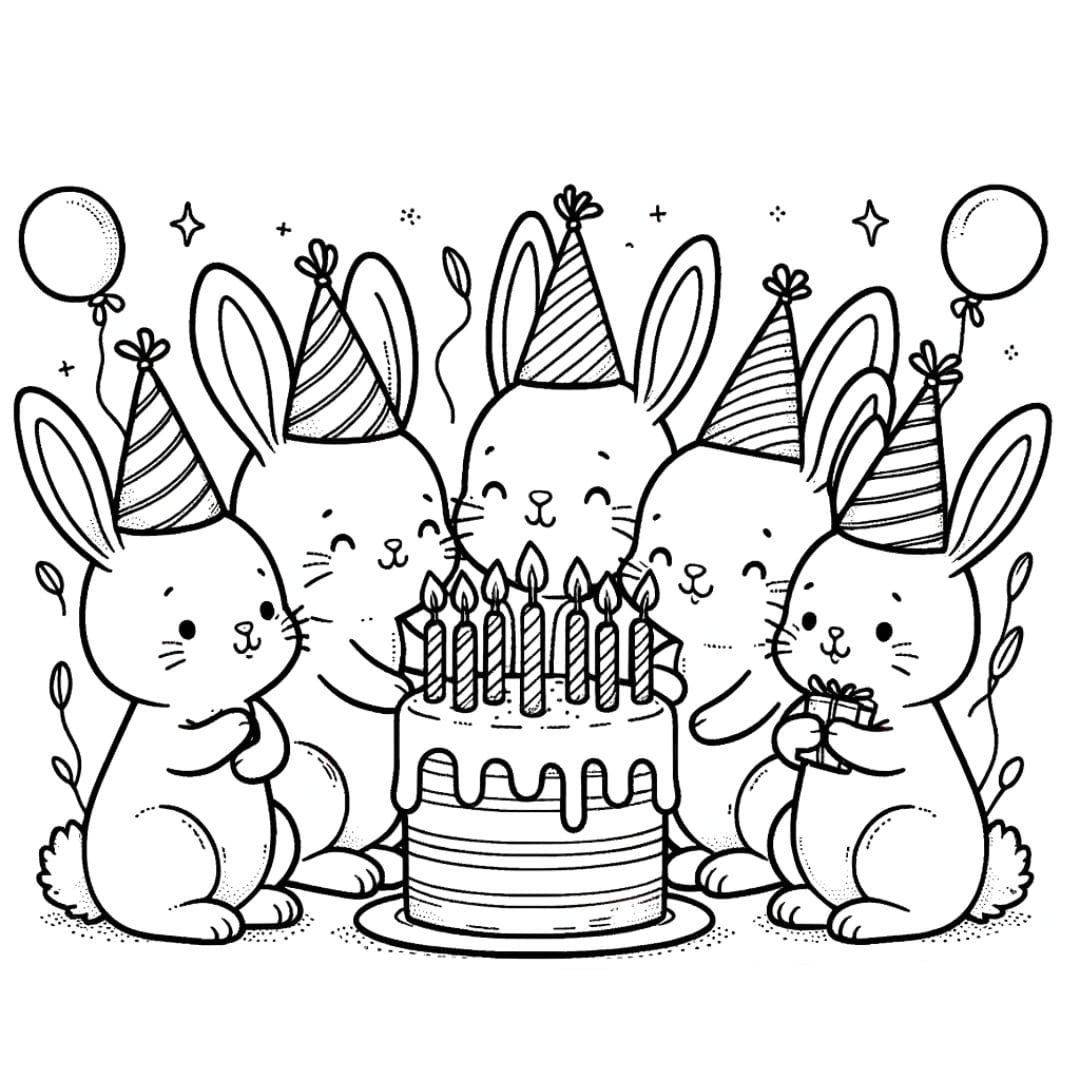 Coloriage d'une famille de lapins célébrant un anniversaire pour enfants