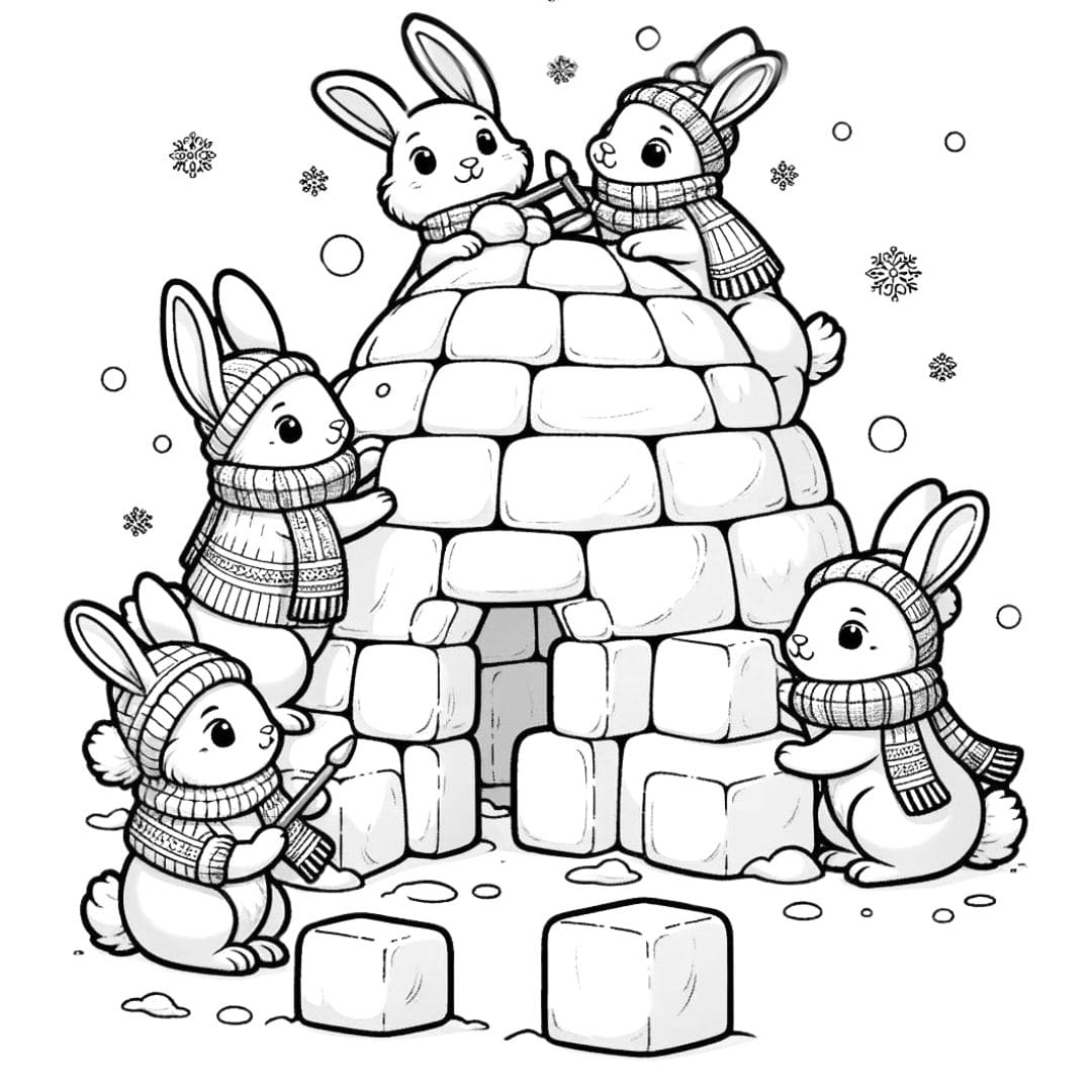Coloriage d'une famille de lapins construisant un igloo de neige pour enfants