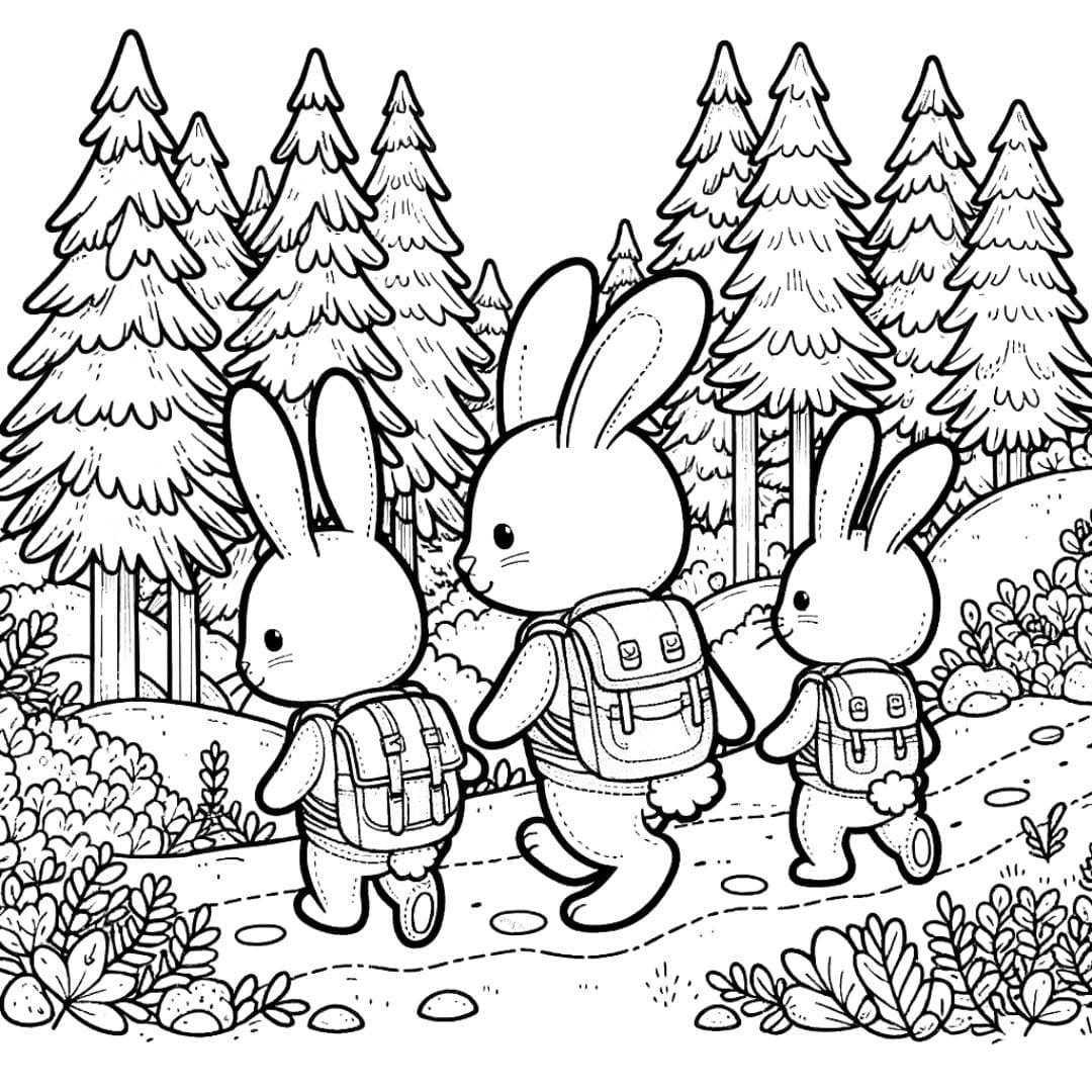 Coloriage d'une famille de lapins faisant une randonnée en forêt pour enfants