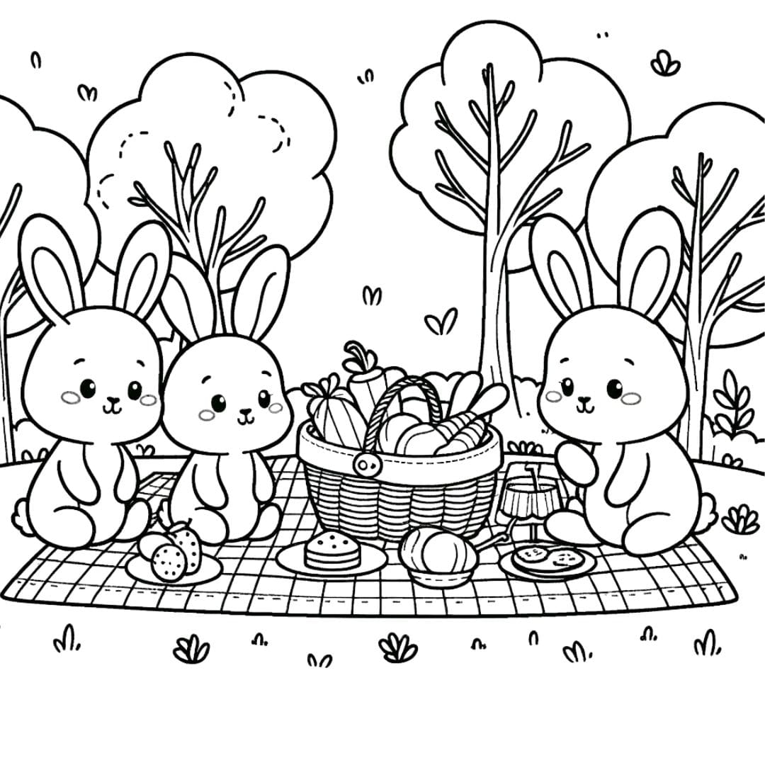 Coloriage d'une famille de lapins pique-niquant dans un parc pour enfants