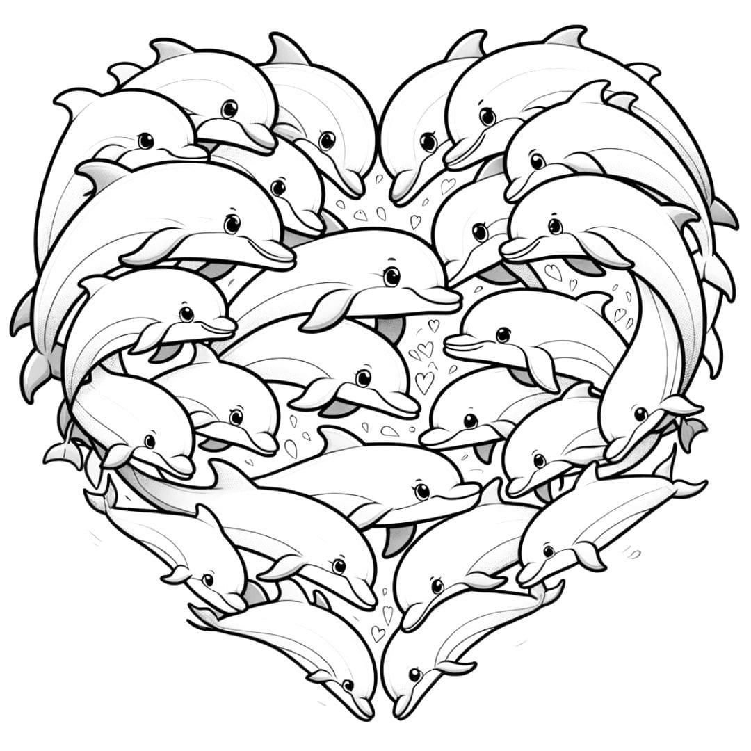 Coloriage d'un groupe de dauphins formant un cœur