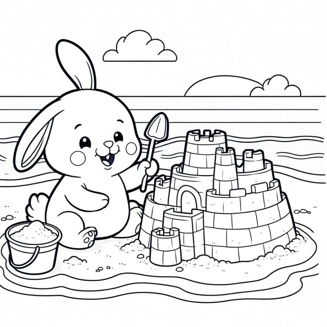 Coloriage d'un lapin construisant un château de sable pour enfants