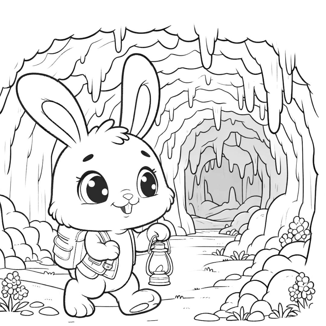 Coloriage d'un lapin explorant une grotte avec une lanterne pour enfants