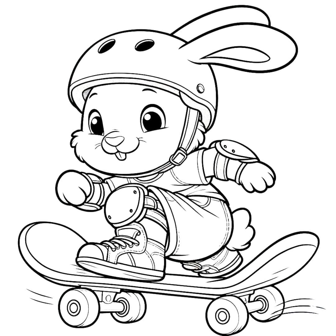 Coloriage d'un lapin faisant du skate pour enfants