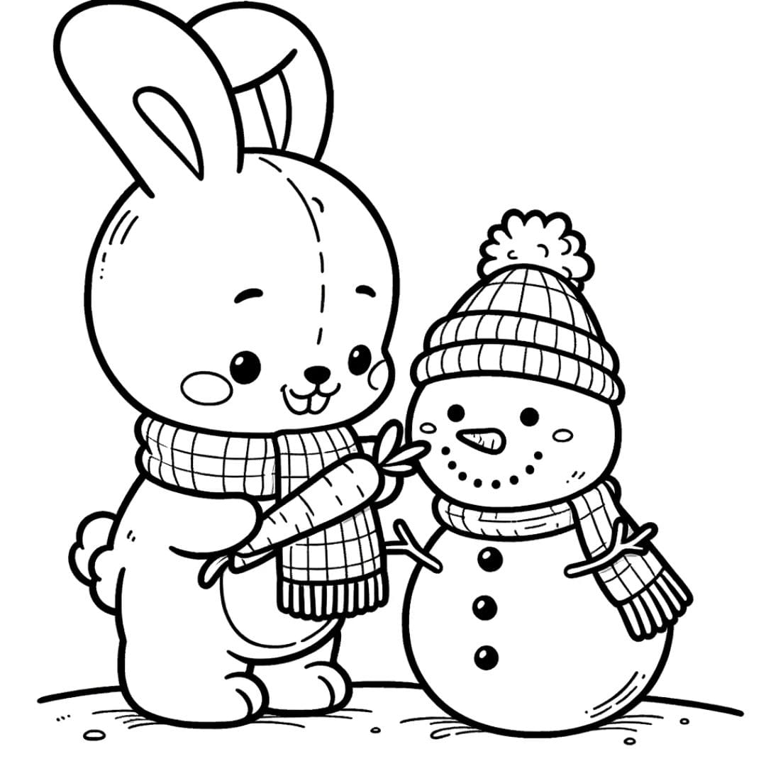 Coloriage d'un lapin faisant un bonhomme de neige pour enfants de maternelle