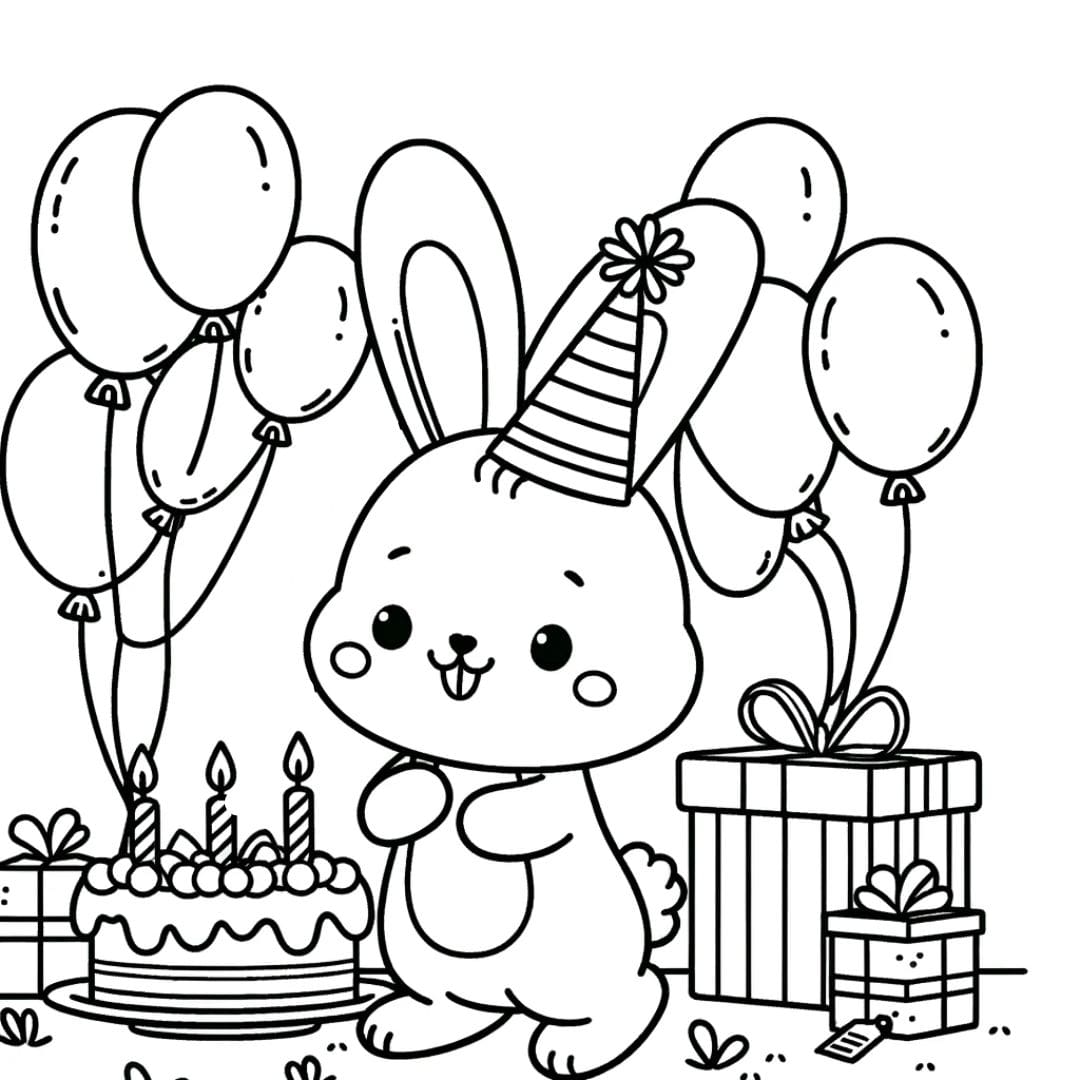 Coloriage d'un lapin célébrant son anniversaire avec un gâteau et des ballons pour enfants