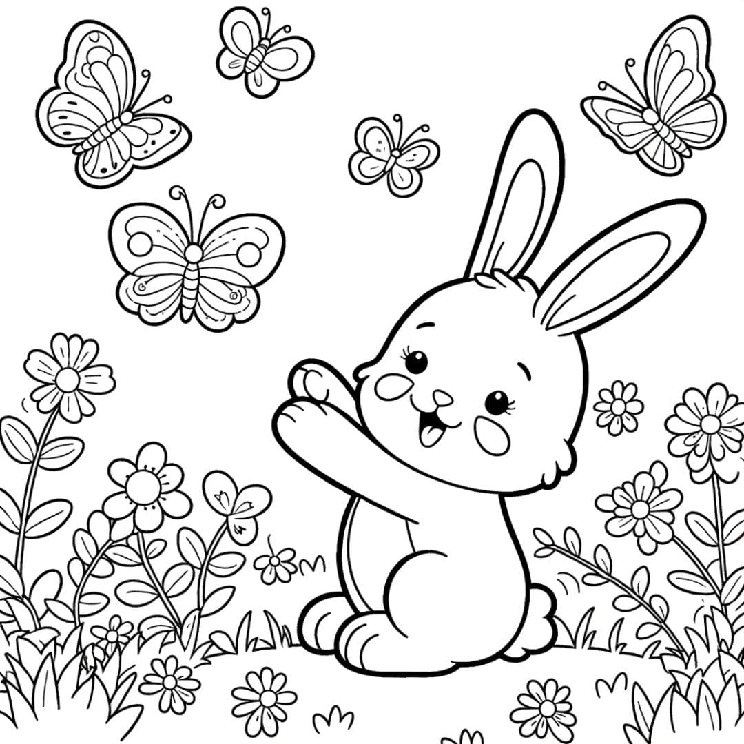 Coloriage d'un lapin jouant avec des papillons pour enfants