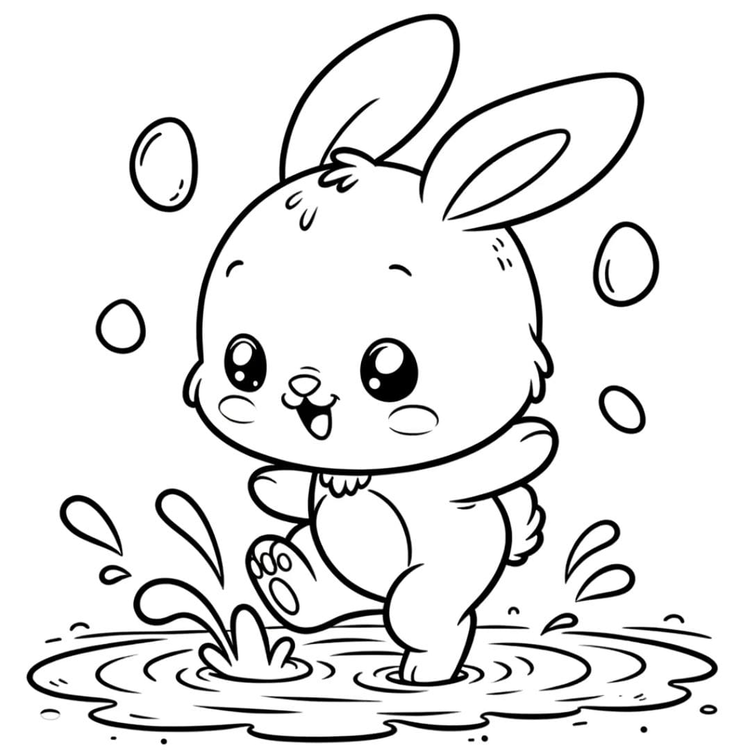 Coloriage d'un lapin jouant dans une flaque d'eau pour enfants de maternelle