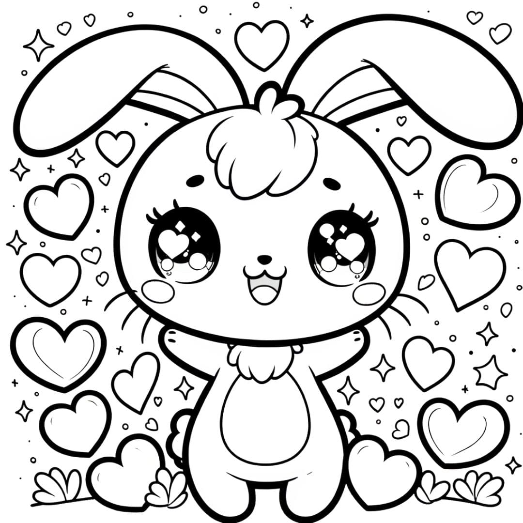 Coloriage d'un lapin kawaii avec des cœurs pour enfants