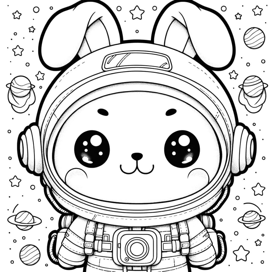 Coloriage d'un lapin kawaii en astronaute pour enfants