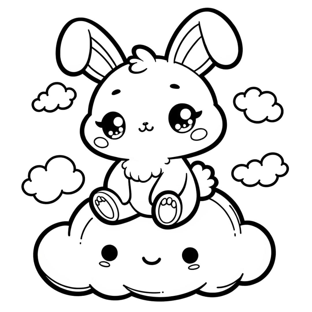 Coloriage d'un lapin kawaii sur un nuage pour enfants