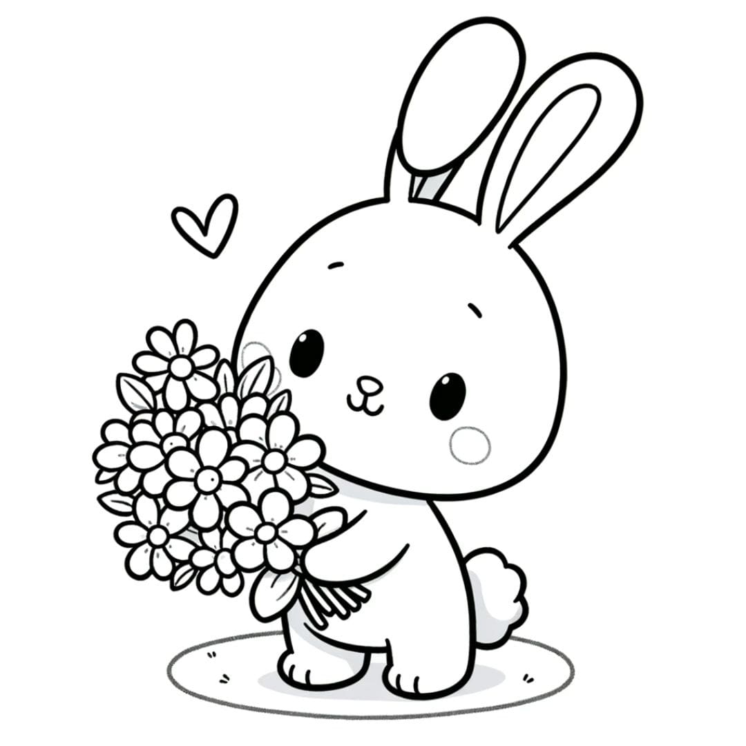 Coloriage d'un lapin avec un bouquet de fleurs pour enfants de maternelle