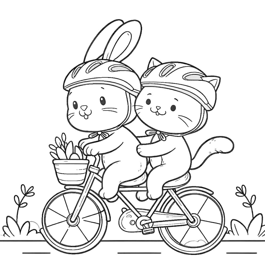 Coloriage d'un lapin et d'un chat faisant du vélo ensemble pour enfants