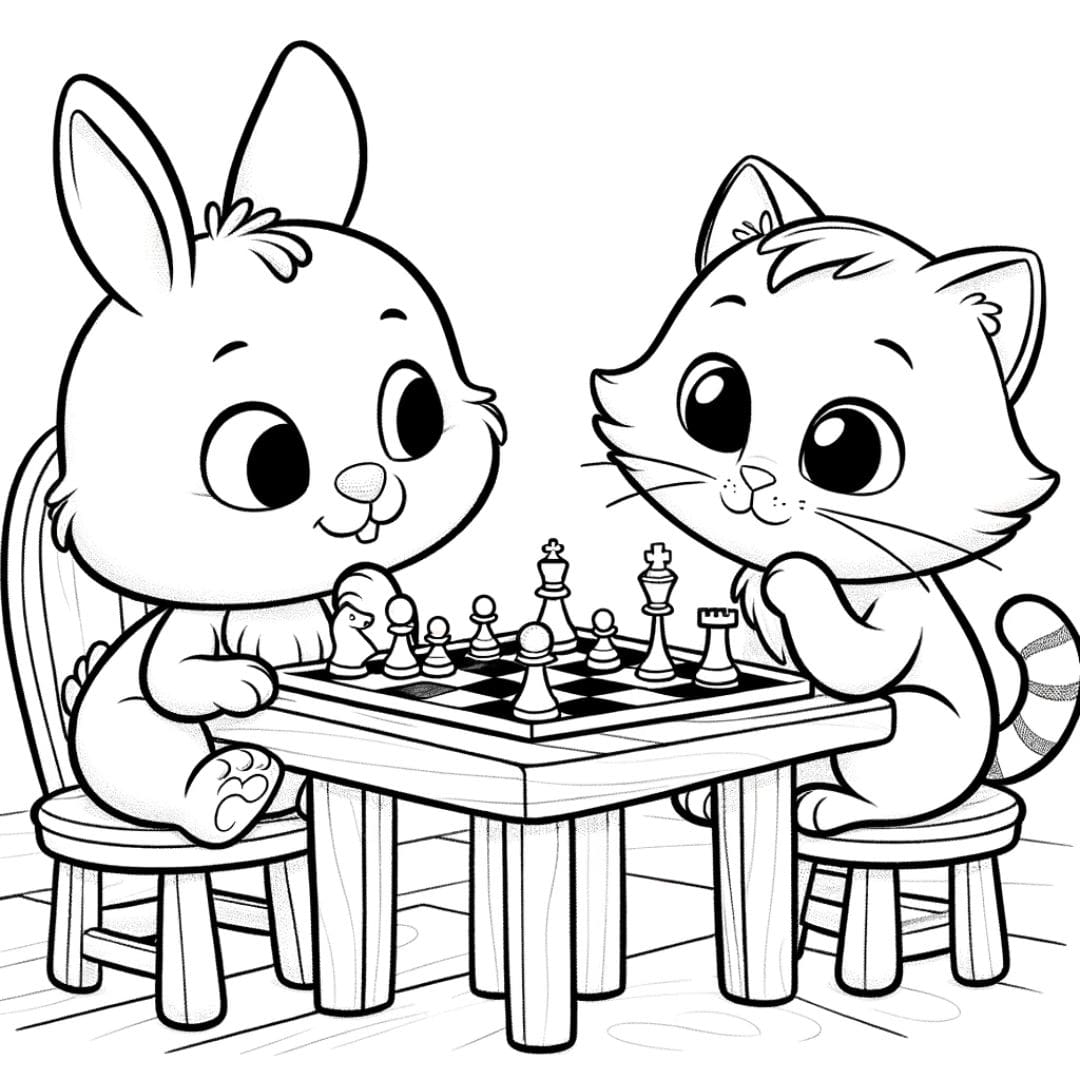 Coloriage d'un lapin et d'un chat jouant aux échecs pour enfants