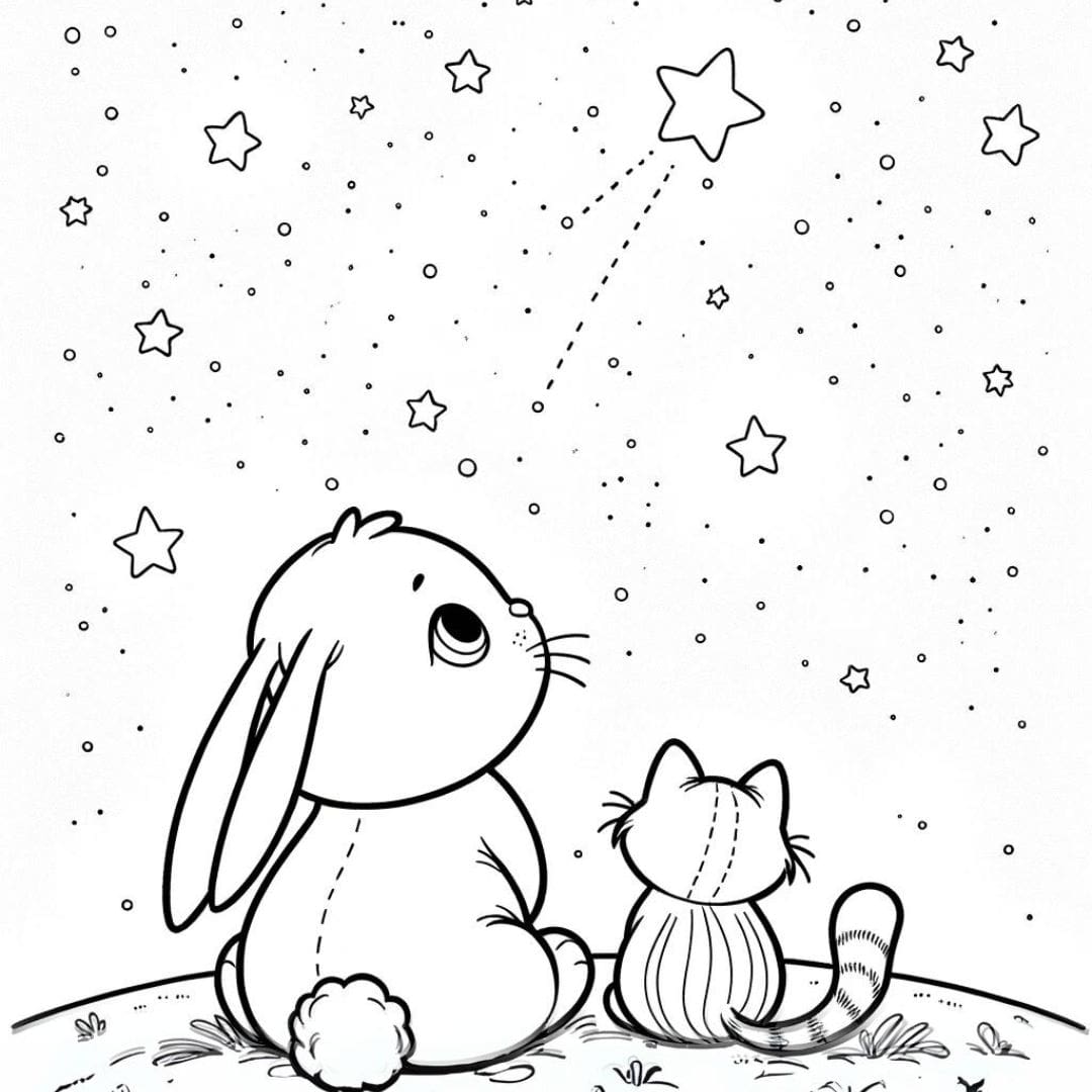 Coloriage d'un lapin et d'un chat regardant les étoiles pour enfants