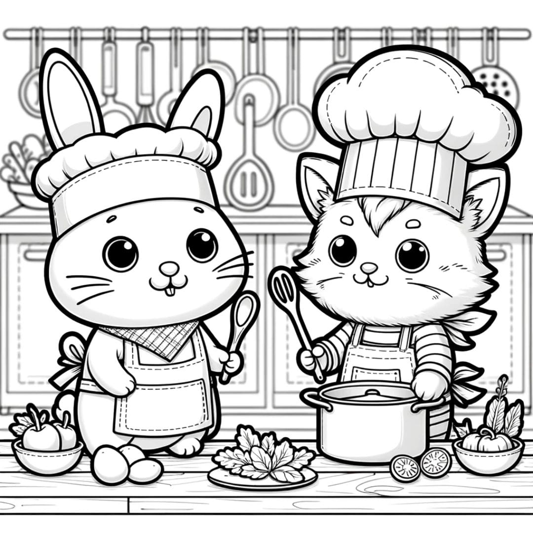 Coloriage d'un lapin et d'un chat dans un concours de cuisine pour enfants