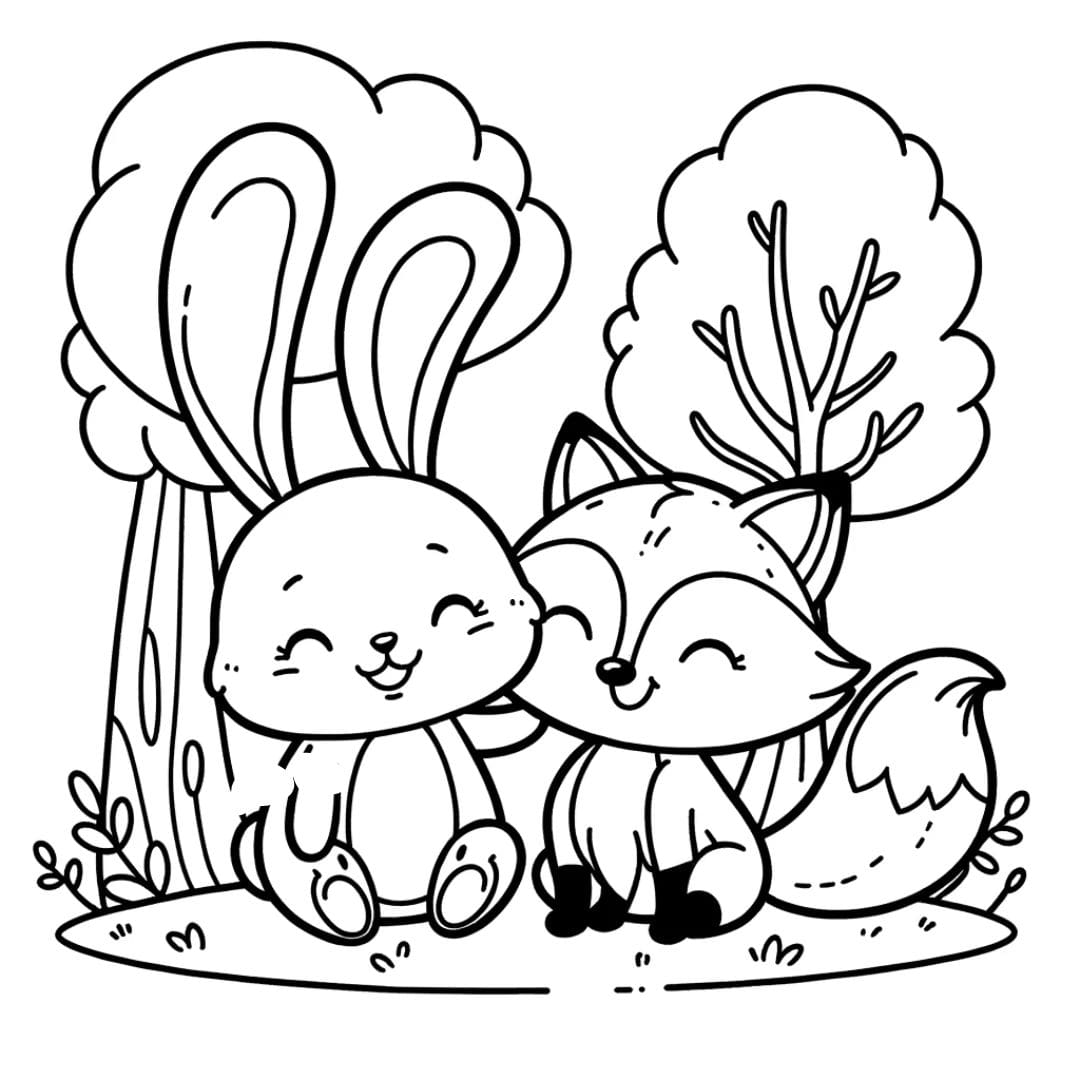 Coloriage d'un lapin et d'un renard assis sous un arbre pour enfants