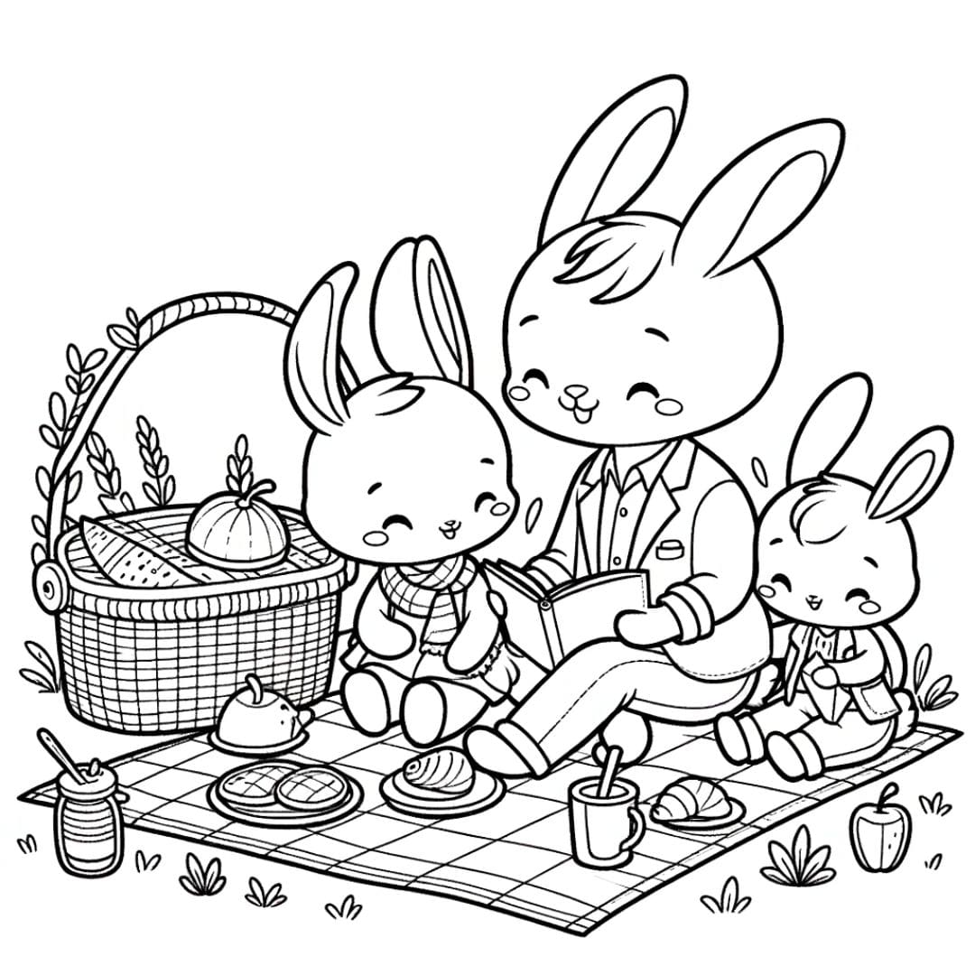 Coloriage d'un lapin et sa famille en pique-nique pour enfants