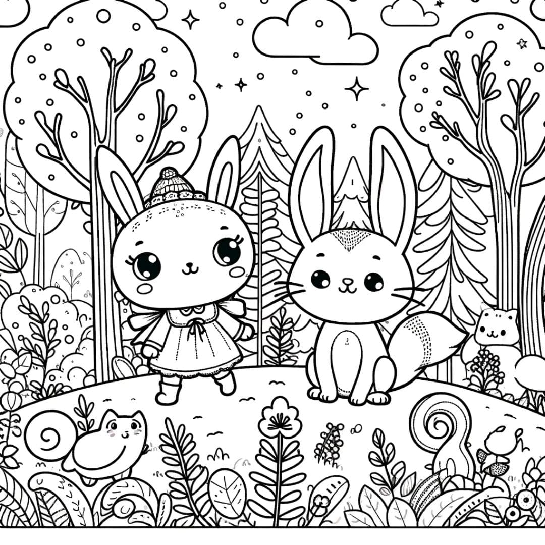 Coloriage de lapins explorant une forêt enchantée pour enfants