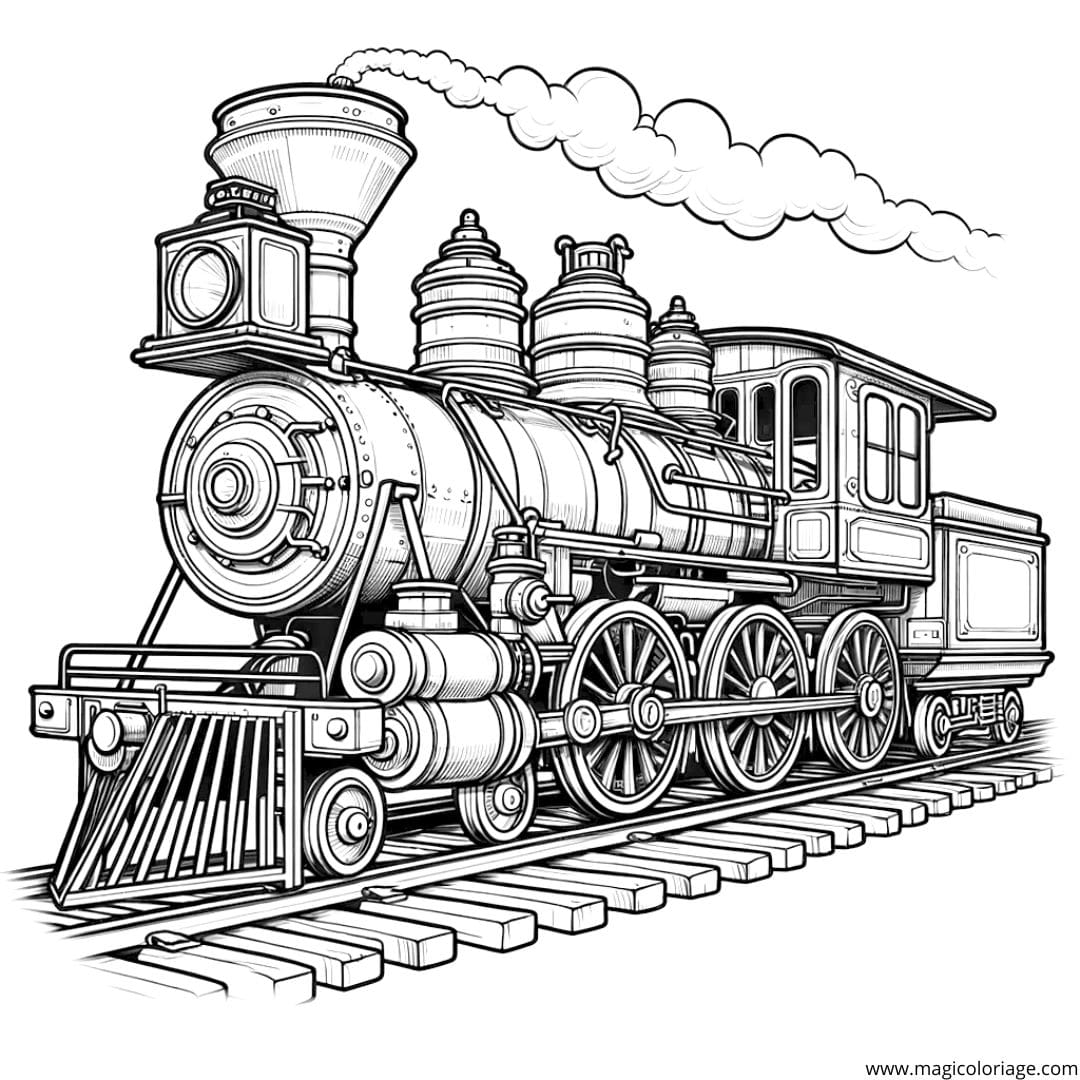 Coloriage d'une locomotive à vapeur classique, dessin rétro pour enfants.
