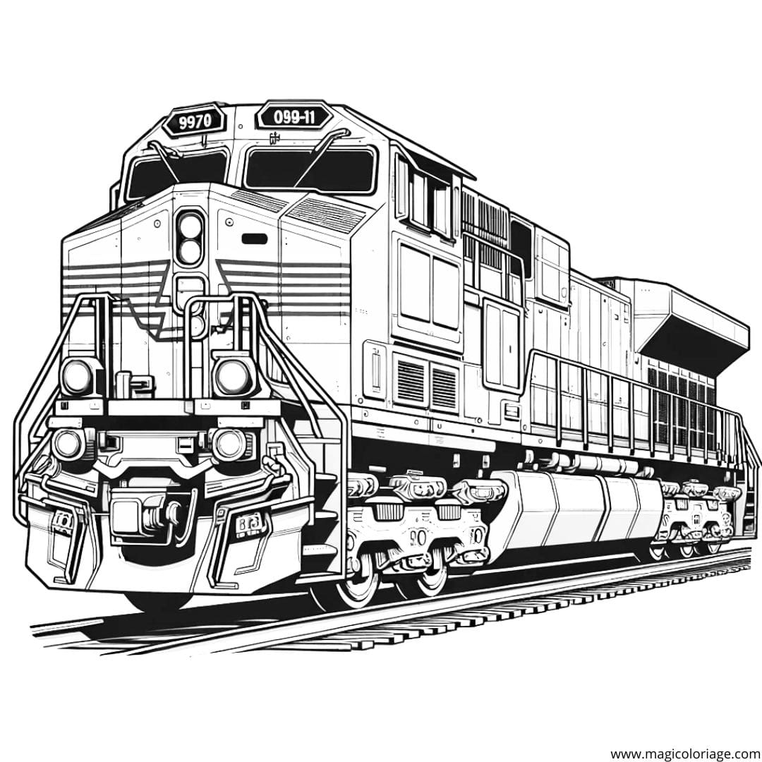 Coloriage d'une locomotive diesel moderne, dessin contemporain pour enfants.